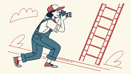 Creative photographer with DSLR camera and film strip illustration. Photography hobby and visual arts concept.