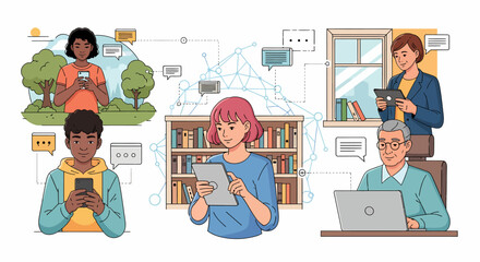 Diverse people using digital devices with speech bubbles and network connections.