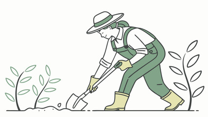 Fototapeta premium Gardener planting with shovel. Woman cultivating soil, working in garden. Green line art illustration of outdoor farming.