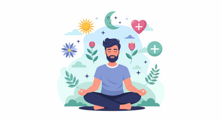 Meditating bearded man in lotus position surrounded by celestial and floral elements.