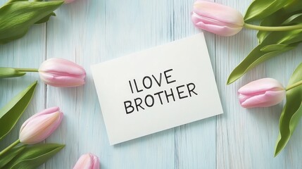 Pink tulips surround 'I love brother' note on wood