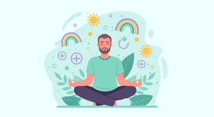 Meditating man surrounded by rainbows suns plus signs and leaves.