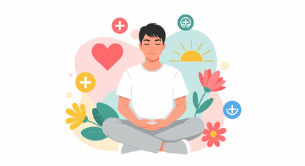 Meditating man surrounded by flowers heart sun and plus signs.