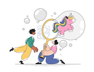 People blowing a large bubble containing a unicorn 