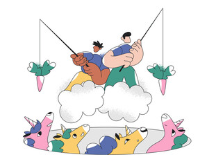Two people sit above of unicorns, holding fishing rods with carrots