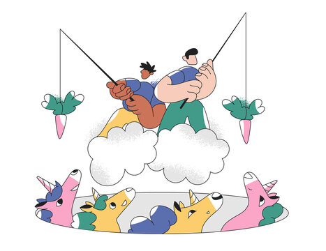 Two people sit above of unicorns, holding fishing rods with carrots