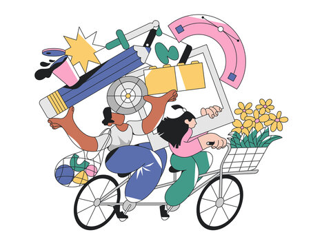 Two people ride a tandem bike carrying design tools