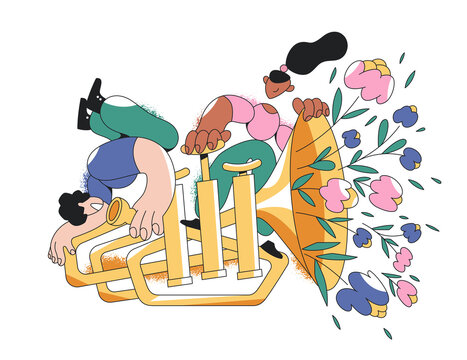Two people playing brass instrument, producing a burst of flowers