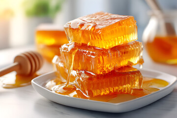 Golden honeycomb stack dripping fresh honey on white plate with honey dipper and jar in soft natural light
