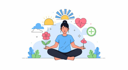 Serene Woman Meditating with Flowers Sun Heartbeat and Plus Sign Icons.