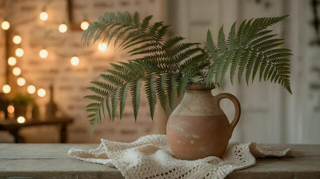 Rustic home decor fern in terracotta jar warm lighting cozy atmosphere