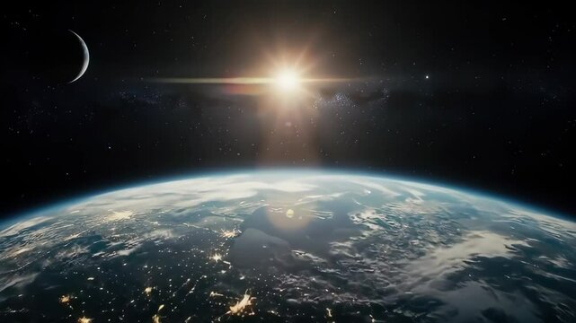 Earth from space with sun and moon in starry sky captured in high resolution with wide-angle lens