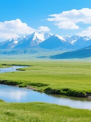 Serene Mountain Landscape with Lush Green Fields and Winding River