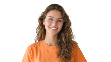 A young woman with curly hair and glasses smiles warmly at the camera while standing against a plain wall. conveying a sense of friendliness and approachability. ideal for lifestyle imagery