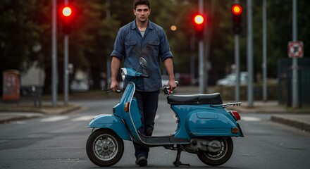 Man pauses at a crosswalk, thoughtfully holding his vintage scooter, under the glow of red traffic lights at dusk.