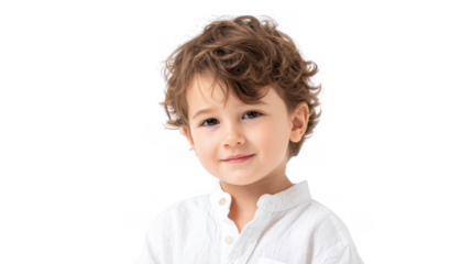 A cheerful young boy with curly hair smiles warmly at the camera. dressed in a simple white shirt. against a bright white background. capturing a moment of innocence and joy