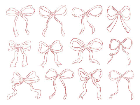 Hand Drawn Ribbon Bow Outline Collection. A charming collection of 12 hand drawn ribbon bow illustrations featuring loop and vintage contours. Perfect for festive crafts packaging and sticker design