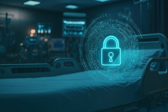 Digital Healthcare:  A hospital bed is overlaid with a glowing digital padlock symbolizing healthcare security,  reflecting data protection.