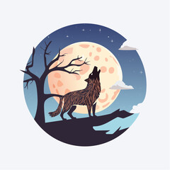 Wolves Howl Under the Full Moon at Night