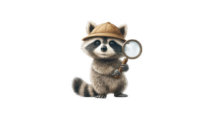 A charming raccoon detective wearing a classic brown coat and hat. holding a magnifying glass. set against a simple white background. perfect for children's illustrations or whimsical storytelling