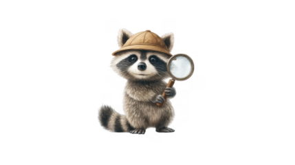 A charming raccoon detective wearing a classic brown coat and hat. holding a magnifying glass. set against a simple white background. perfect for children's illustrations or whimsical storytelling