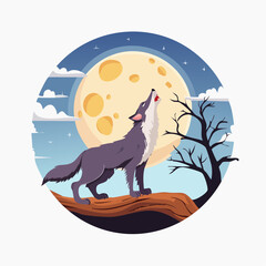 A Wolf Howls Under the Full Moon at Night