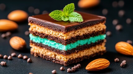 Close-up of a decadent chocolate and teal cake slice.