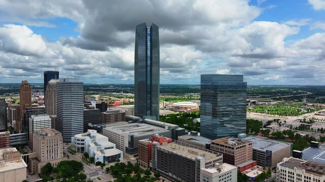 Aerial Drone Shot Moving Right to Left Across Oklahoma City Skyline