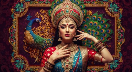 Fototapeta premium Regal Indian woman adorned in vibrant traditional attire posing elegantly with a peacock motif background