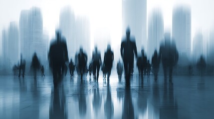 Abstract motion blur of pedestrians walking in a modern city business district, cool blue tone