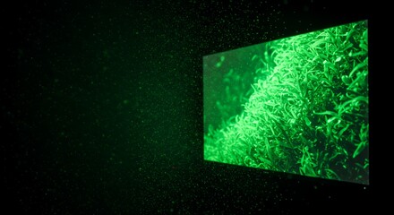 Glowing Green Grass Displayed on a Dark Screen, Illuminated Particles Surround It.