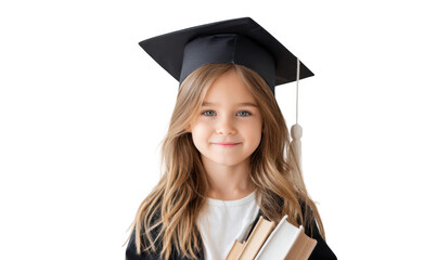 A young girl in a graduation cap and gown smiles proudly while holding books. symbolizing achievement and education. with a bright. neutral background emphasizing her joy