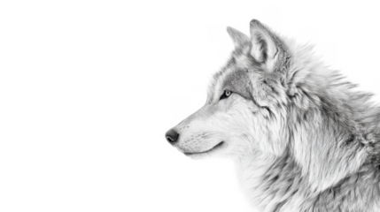 A close-up profile of a majestic wolf against a pristine white snowy background. capturing its sharp features and intense gaze. ideal for wildlife conservation themes and educational materials