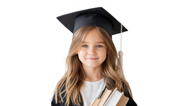 A young girl in a graduation cap and gown smiles proudly while holding books. symbolizing achievement and education. with a bright. neutral background emphasizing her joy