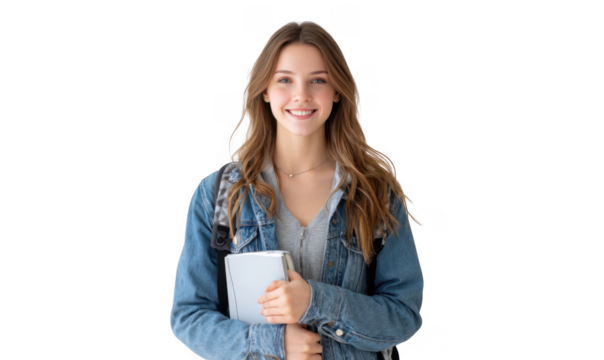 A young woman with long hair smiles brightly while holding a tablet. dressed casually in a denim jacket. standing against a white background. conveying a sense of positivity and approachability