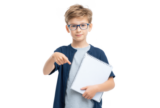 A young boy with glasses holds an open book while raising his index finger. symbolizing a moment of inspiration or a teaching moment in a minimalist. bright white background setting
