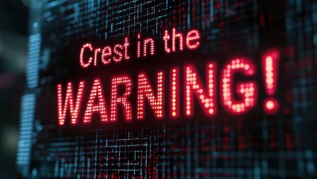 Red digital warning sign on screen, system failure, data stream background, cybersecurity alert