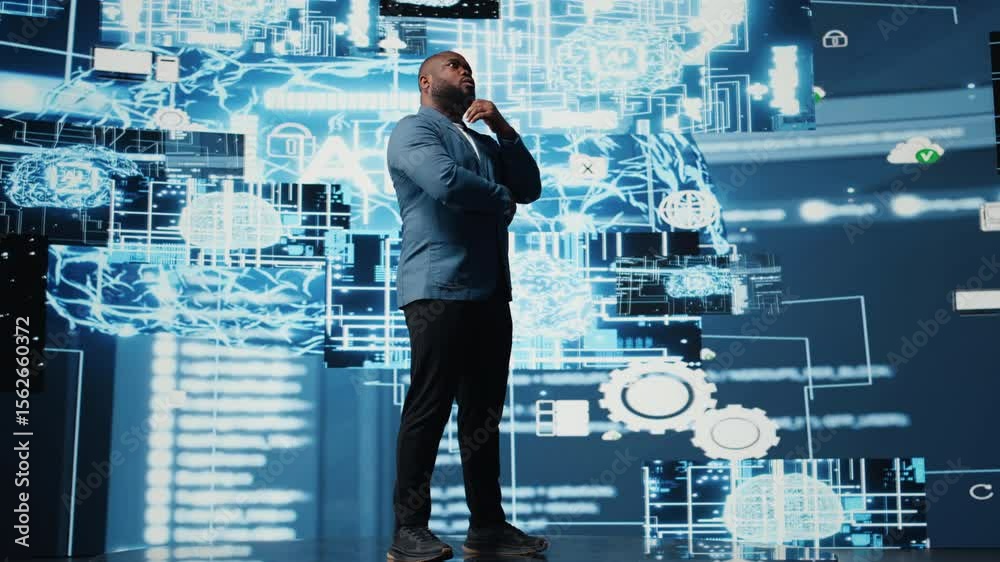 Poster black male specialist engaged in ai research interacting with data structures or platforms and smart