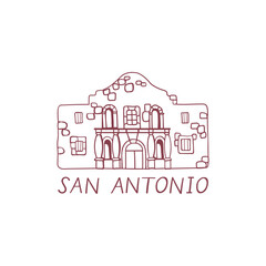Alamo Mission. San Antonia symbol. Historic building. Line art