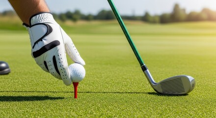 Golfer placing golf ball on tee on the green
