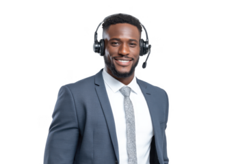 A professional man wearing a headset smiles confidently while standing against a plain white background. suggesting a customer service or call center environment