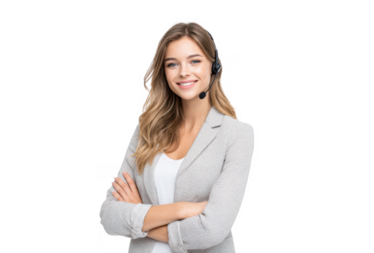 A confident young woman wearing a headset stands with her arms crossed. smiling at the camera in a bright. modern office environment. conveying professionalism and approachability