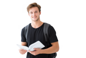 A young man with a backpack stands confidently while holding an open notebook. smiling at the camera. set against a plain white background. ideal for educational or lifestyle themes