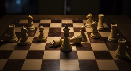 Dramatic Chessboard Close Up: Fallen King and Intense Game
