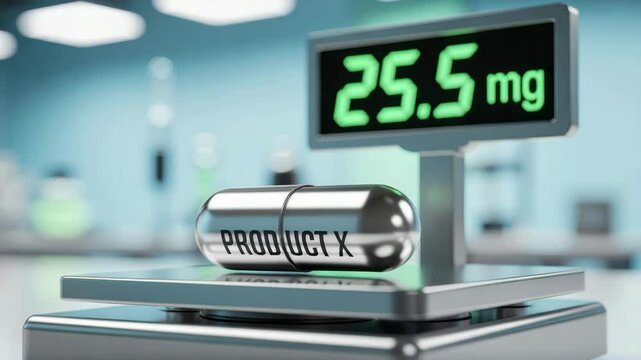 Pharma capsule pill medicine production line digital scale precise measurement 25.5 mg quality control clean laboratory environment modern equipment