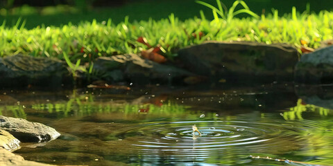 Water Droplet Impact in Small Pond with Rocks and Grass