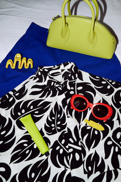 Fashionable display with bright accessories and printed clothes