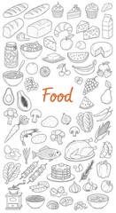 Food Doodle Collage with Fresh Produce and Cooked Meals