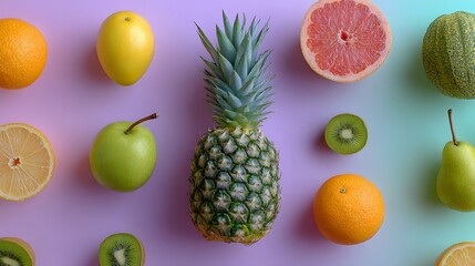 Colorful assortment of fresh fruits including pineapple, citrus, kiwi, pear, apple on a vibrant purple and blue split background.