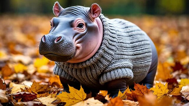 A cute hippopotamus wearing a cozy gray sweater sits among colorful autumn leaves. The scene captures the essence of fall with vibrant foliage.